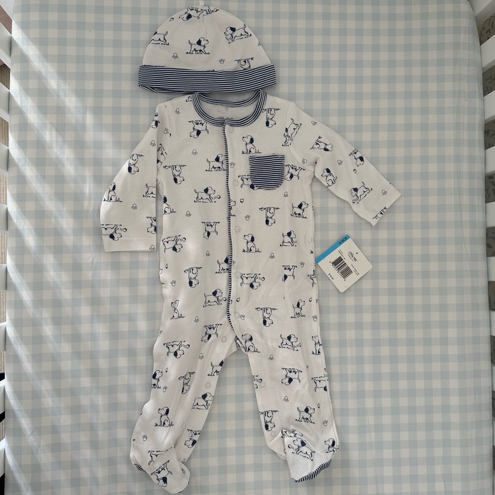 NWT “Little Me” puppy print footie pajamas and hat size 6 months